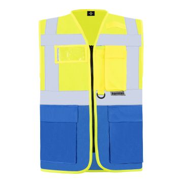 Gilet Multifunzionale  KXMF gialla e blu ad alta visibilità con fasce riflettenti, tasche e chiusura a cerniera