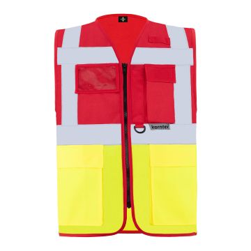 Gilet Multifunzionale  KXMF rosso e giallo ad alta visibilità con fasce riflettenti, tasche e chiusura a cerniera