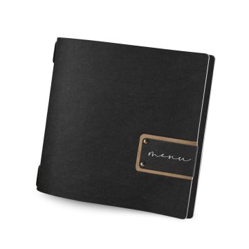 Porta Menu 23x23,1 cm (QUADRATO) etichetta PATCH nera "menu" 2 buste (4 facciate) elastico nero Linea ECOMODA