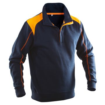 Felpa blu con zip corta coperta, spalloni con tessuto dal colore a contrasto e cuciture a contrasto fluo