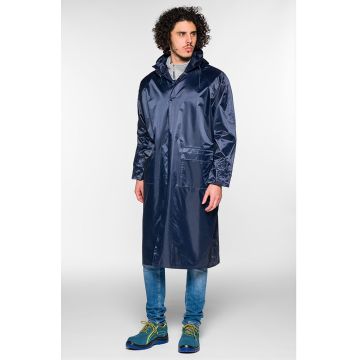 Cappotto impermeabile in nylon/pvc con cuciture termosaldate,cappuccio regolabile tramite coulisse e chiusura centrale
