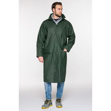 Cappotto in poliuretano con cappuccio richiudibile nel collo e chiusura con bottoni