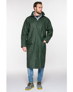 Cappotto in poliuretano con cappuccio richiudibile nel collo e chiusura con bottoni